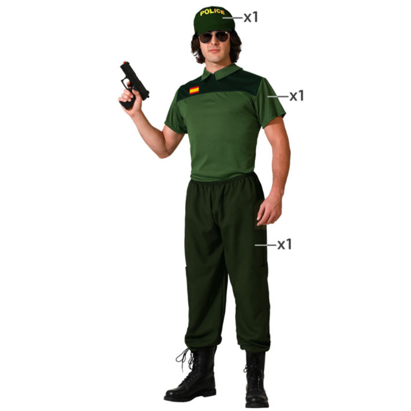 Disfraz de Guardia Civil para adulto con gorra, camiseta verde y pantalón largo, ideal para Carnaval y fiestas temáticas.
