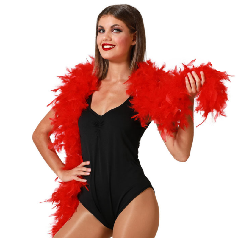 Boa de plumas roja de 85g, ideal para disfraces de cabaret, charlestón y espectáculos de burlesque.