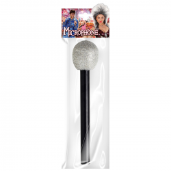 Micrófono de juguete de 26 cm con cabezal plateado y mango negro, ideal para disfraces de cantantes y presentadores.