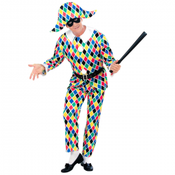 Disfraz de arlequín adulto multicolor con chaqueta, pantalón, cinturón y sombrero, ideal para Carnaval y fiestas temáticas