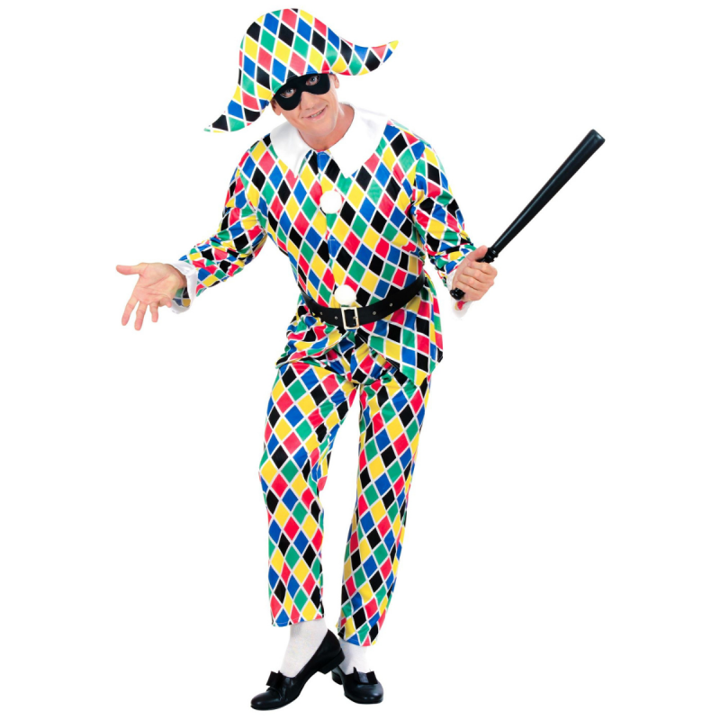Disfraz de arlequín adulto multicolor con chaqueta, pantalón, cinturón y sombrero, ideal para Carnaval y fiestas temáticas