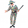 Disfraz de arlequín adulto multicolor con chaqueta, pantalón, cinturón y sombrero, ideal para Carnaval y fiestas temáticas