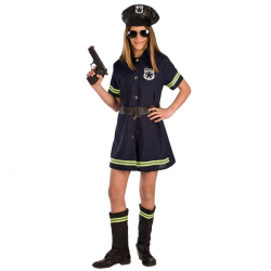 Disfraz de policía para niña con vestido azul, gorro con insignia y cubrebotas