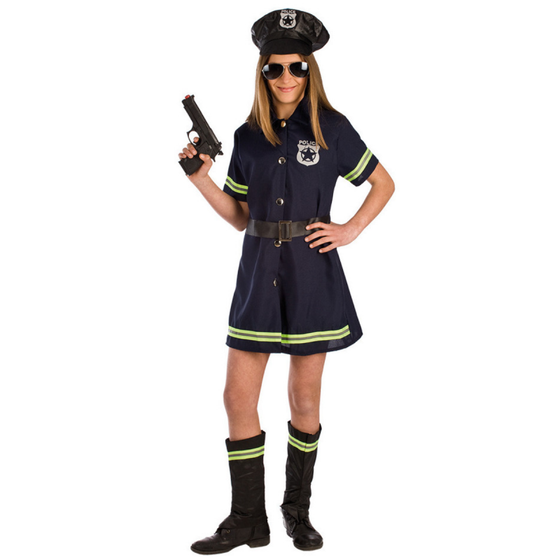 Disfraz de policía para niña con vestido azul, gorro con insignia y cubrebotas