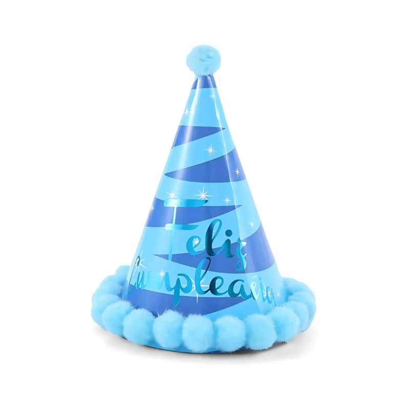 Gorro Feliz Cumpleaños Azul con Pompones