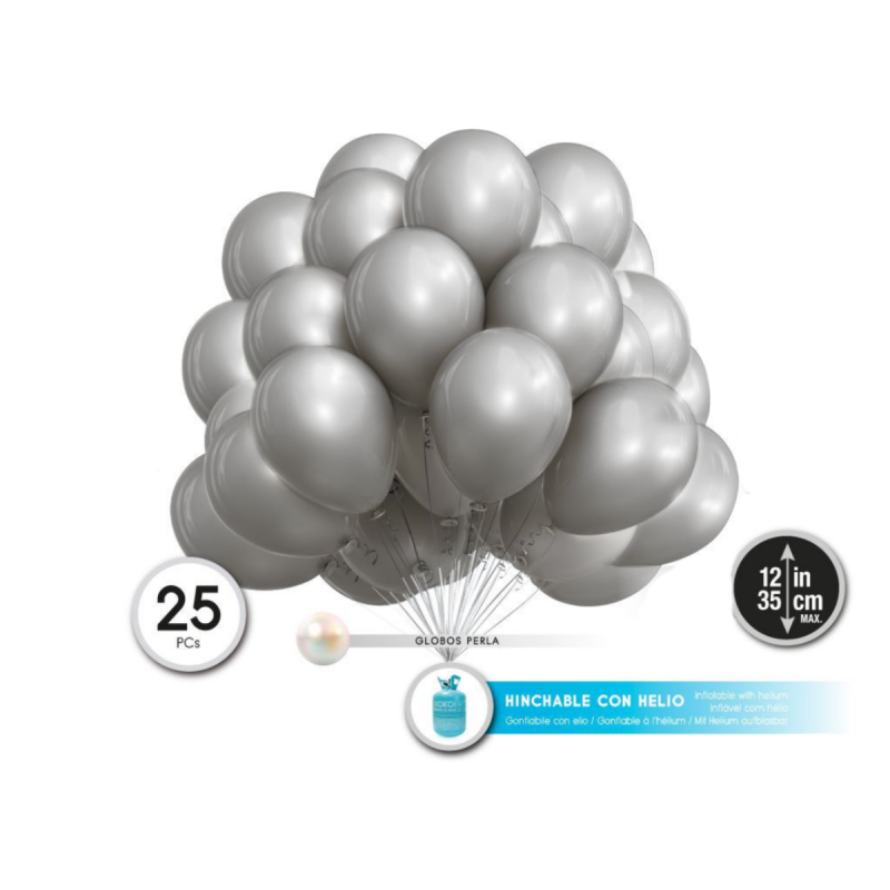 Globos Plata Perlado Látex 35 cm pack 25 unidades
