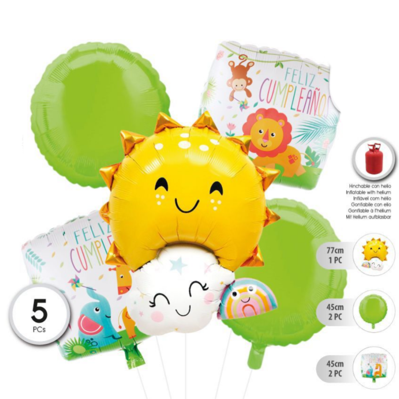 Set de Globos "Feliz Cumpleaños" Sol con Nube – 5 uds.