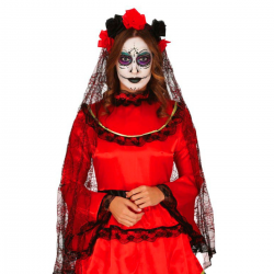 Diadema Flores Negras y Rojas con Velo