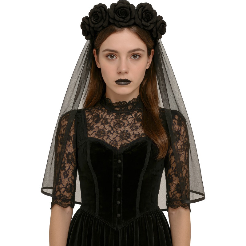 Diadema Velo Negro con Flores Negras
