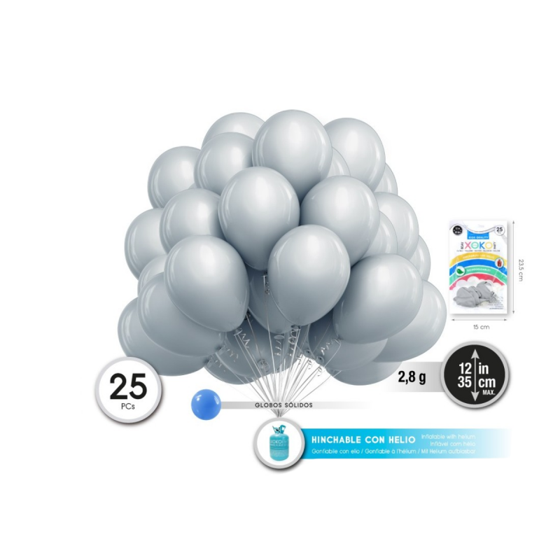 Globos Pastel Gris Látex 35 cm – Pack 25 Unidades