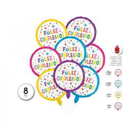 Set Globo Mylar Feliz Cumpleaños 8 Piezas 45 cm