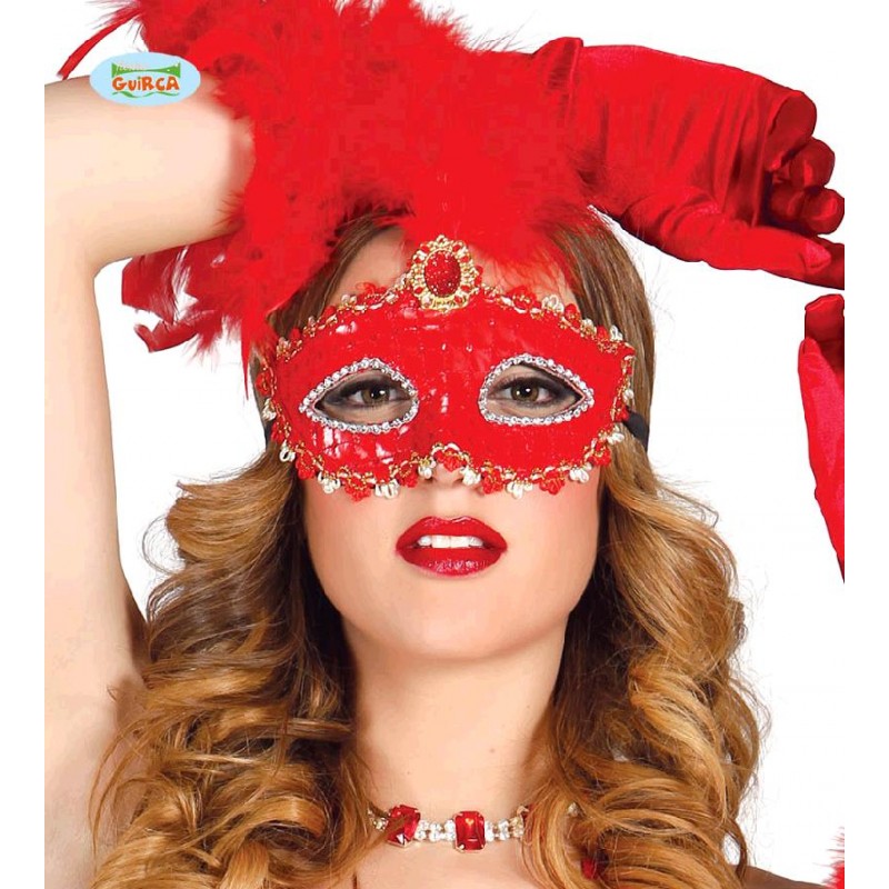 Antifaz Veneciano Rojo Bordado con Pluma